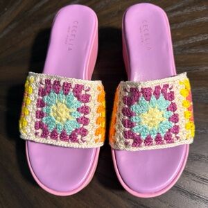 CECELIA NEW YORK Lavender Leather Crochet Slide Sandals